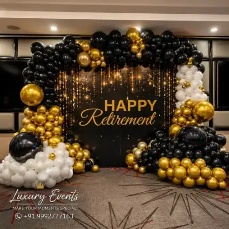 Retirement celebration welcome board with fairy lights at office, Gurugram